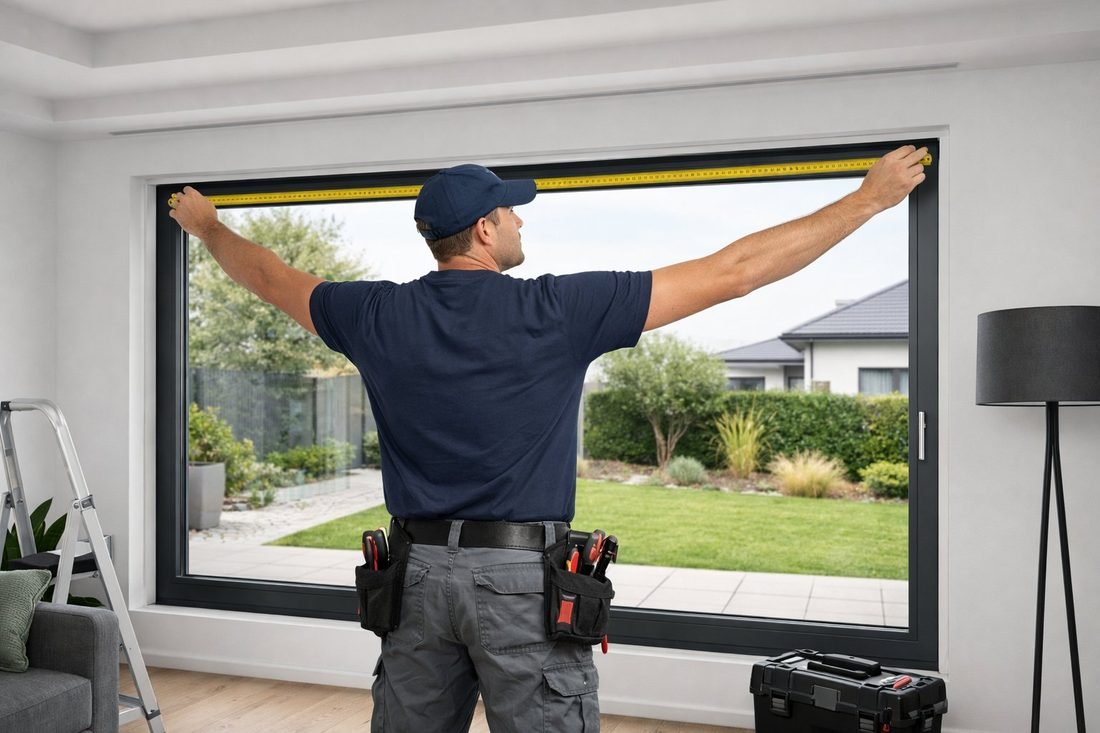 Técnico tomando medidas para instalar una persiana nueva en Badalona