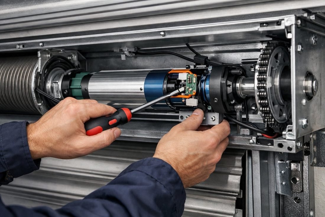Técnico ajustando un motor tubular en el cajón de una persiana