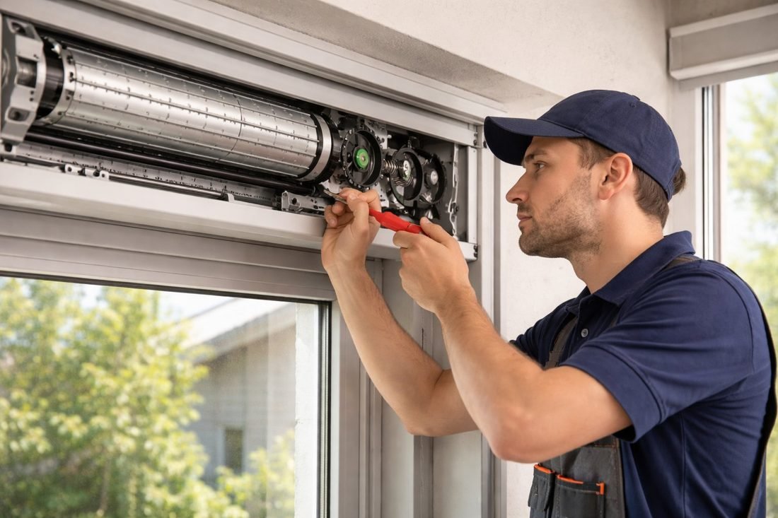 Técnico de Badapersi reparando el mecanismo de una persiana enrollable en Badalona