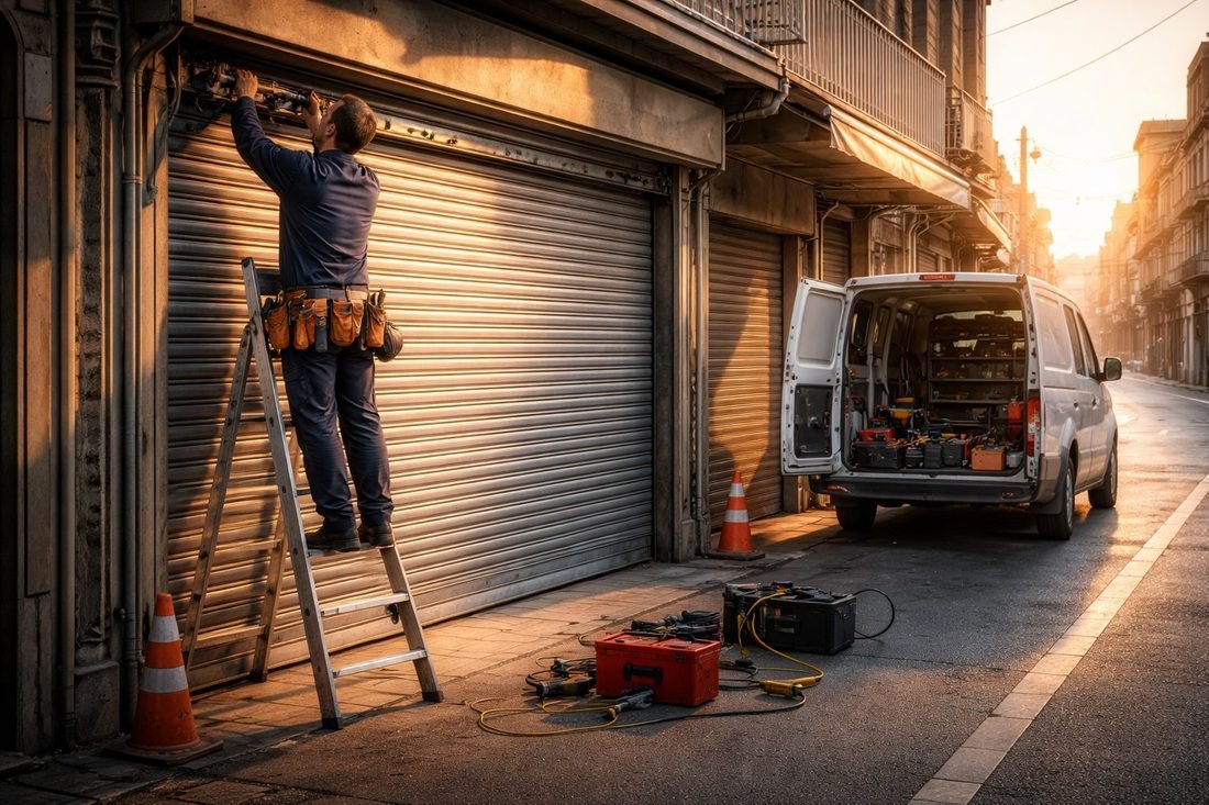 Técnico reparando un cierre metálico de un local comercial en Badalona