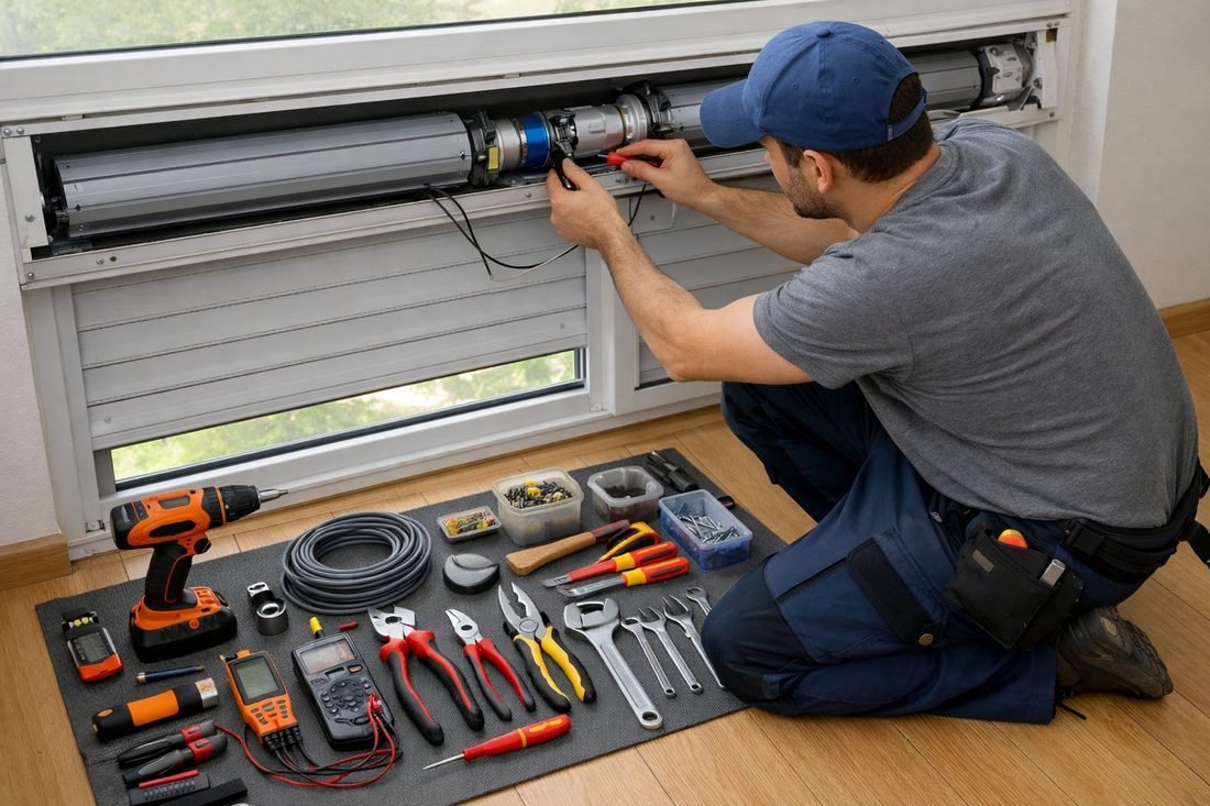 Persianista reparando una persiana con herramientas profesionales en Badalona