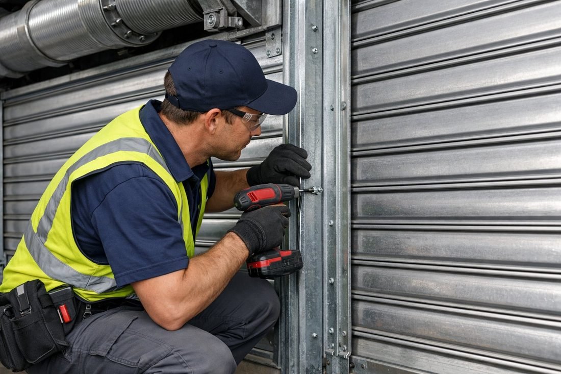 Técnico reparando el mecanismo de un cierre metálico en Badalona
